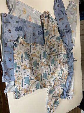 Kids Long Sleeve Art Smock with Animal Print - Blue, Teal, Tan
